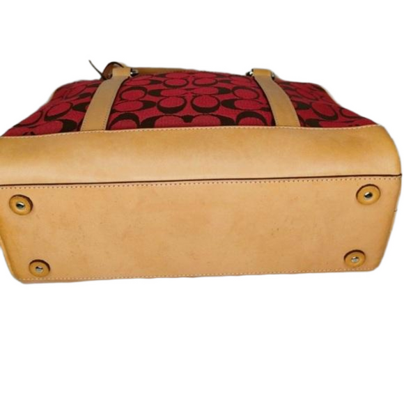 COACH VINTAGE RED/BROWN LOGO HANDBAG/TAN LEATHER WITH DOUBLE ZIPPER, EUC - Picture 5 of 9